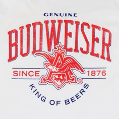 the budweiser logo is shown in red and blue on a white t - shirt