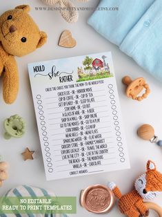 a printable baby shower game with teddy bears and other toys on the table next to it