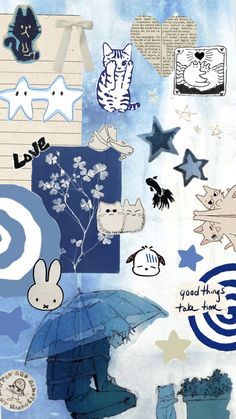 an artistic collage with blue and white images, stars, and animals on it