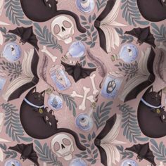 a pink background with skulls, bats and other items on it's surface is featured in this image