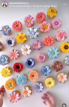 the cupcakes are decorated with colorful flowers