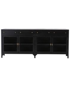 the sideboard is black and has gold knobs on each door, and two shelves with