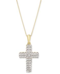 Satisfy your spirit with the beauty and shine of this diamond cross pendant necklace set on a fine box link chain. Macy's Yellow Gold Necklaces With Diamond Accents, Macy's Yellow Gold Diamond Cut Necklace, Macy's Yellow Gold Round Cut Jewelry, Macy's Yellow Gold Jewelry With Diamond Accents, Macy's Yellow Gold Diamond Jewelry, Gold Pendants For Men, Gold Pendants, Beautiful Stones, Diamond Cross Pendants