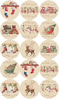 twelve christmas stickers with santa claus and reindeers on the top, in different designs