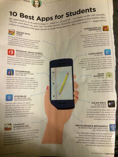 a person holding a cell phone in front of a paper with the text 10 best apps for students on it