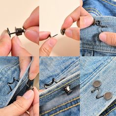 four pictures showing how to open the zipper on a pair of jeans with metal clips