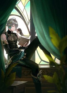 an anime character sitting on a window sill reading a book