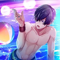 an anime character is posing in the water with his hand up and eyes closed,