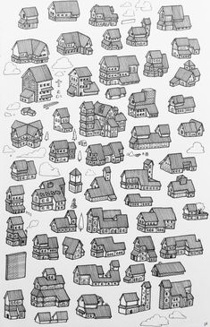 a drawing of many houses and buildings