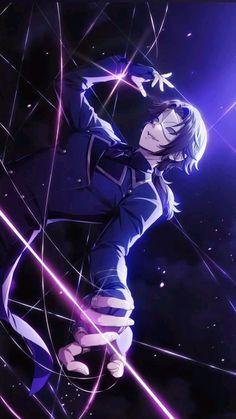 an anime character with long hair and blue eyes is standing in front of purple lines