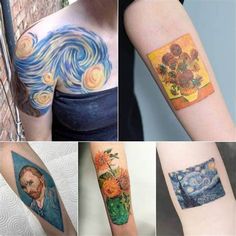 four different pictures of tattoos on the arm and shoulder, one with an image of van gogh