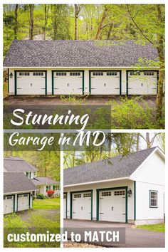 pictures of the exterior of a white 4-car salt-box garage with green trim in Maryland. Engineered Wood Siding, Architectural Shingles, Wood Siding, White Paint, Car Garage, Hunter Green, White Paints, Engineered Wood, Maryland