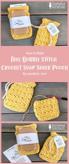 crochet soap saver pouch is shown with instructions to make it in the same color