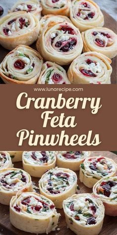 cranberry feta pinwheels on a cutting board with text overlay