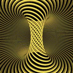 an abstract spiral design with yellow and black lines in the center, as if it is going