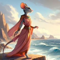 a painting of a mouse in an orange dress standing on the edge of a cliff