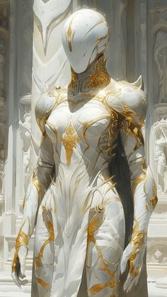 a white and gold statue in front of a building