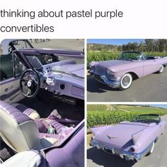 an old purple convertible car is shown in three different pictures, including the front and back seats