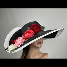 Black White Red Pink Kentucky Derby Hat. This Is A Gorgeous Hat, It Is Black And White With Red And Pink Flowers. I Bought This To Wear To A Kentucky Derby Party And Ended Up Going With A Different Outfit And Hat. Purchased From Etsy For $150. Inside Diameter Is Approx. 7” Across But Also Has An Adjustable Strap Inside As Pictured. Full Brim Diameter Across Is Approx. 19” As Pictured. Please Message Me With Any Questions! Please Review All Photos And Description, Items Are Sold As Is. Kentucky Derby Party, Elegant Hats, Derby Party, Kentucky Derby Hat, Derby Hat, Derby Hats, Different Outfits, Beautiful Hats, Kentucky Derby