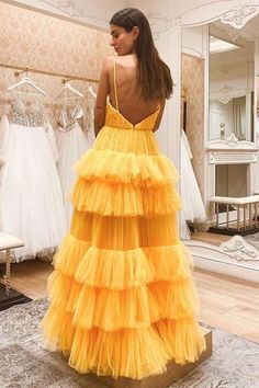 V Neck Backless Yellow Tulle Layered Long Prom Dresses, Layered Yellow – Shiny Party Yellow Prom Dresses, Yellow Prom, Prom Dresses Yellow, Dress Layer, Look Formal, Long Sleeve Gown, Pleated Bodice, Tulle Prom Dress, Evening Gowns Formal