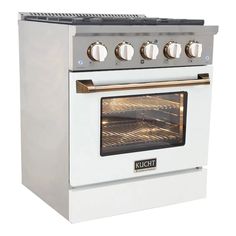 a white oven with four burners and one door on the right side is open