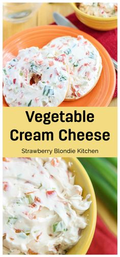 two plates filled with cream cheese on top of each other and the words, vegetable cream cheese