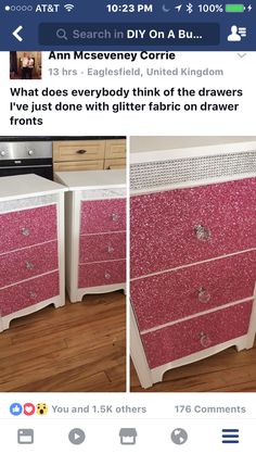 two pink dressers with glitter on them, one is white and the other is pink