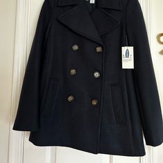 Brand New Woman’s Navy Blue Pearl Coat From Old Navy. It Didn’t Fit The Person I Bought It For. Back Seam Still Sewn Closed Casual Fitted Peacoat With Double Button Closure, Casual Fitted Pea Coat For Work, Casual Fitted Peacoat With Button Closure, Casual Double-breasted Peacoat With Button Closure, Fitted Casual Peacoat With Button Closure, Casual Winter Workwear Peacoat, Navy Casual Peacoat For Fall, Casual Peacoat With Double Button Closure For Work, Fitted Peacoat With Pockets For Spring