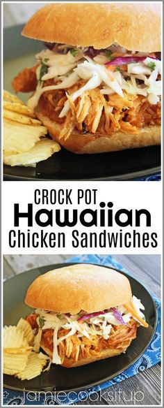 the crock pot hawaiian chicken sandwiches are ready to be eaten