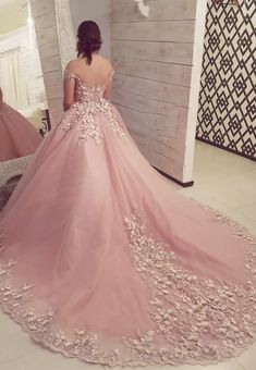 Off Shoulder Pink Lace Floral Long Evening Dresses, 3D Flower Pink Long Formal Dresses Pink Floral Applique Dress For Banquet, Pink Floral Ball Gown Dress, Short Strapless Prom Dresses, Champagne Prom Dress, Prom Dresses Long Pink, Prom Dresses With Pockets, Floor Length Prom Dresses, Long Prom Gowns, Long Prom Dresses