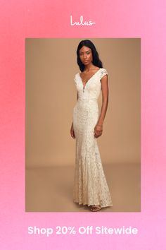 Looking amazing on your special day is every girl's dream and the Lulus Icing on the Cake White Lace Short Sleeve Maxi Dress is dedicated to making that dream come true! Sheer floral lace creates a gorgeous overlay atop a beige stretch knit liner as it shapes a plunging neckline (with a sheer mesh insert), trimmed with floral lace appliques, and a deep V-back. Sheer cap sleeves frame a darted bodice and fitted waist atop a beautiful mermaid maxi skirt with godet panels at the hem for extra volume and flare. Hidden back zipper/clasp. Fit: This garment fits true to size. Length: Floor length. Size medium measures 61.5" from shoulder to hem. Bust: Works best for A to C cup sizes - consider sizing up for fuller bust. Waist: Fitted - very fitted at natural waist. Hip: Fitted - consider sizing u Bridesmaid Lace Dress With Scalloped Lace And Fitted Bodice, Wedding Night Gown With Scalloped Lace, Elegant Lace Dress With Scalloped Lace For Wedding Night, Lace Bridesmaid Gown Floor-length, Lace Floor-length Bridesmaid Gown, Elegant Scalloped Lace Dress For Wedding Night, Prom Lace Dress With Delicate Lace And Fitted Bodice, Prom Gown With Sweetheart Neckline And Scalloped Lace, Elegant Scalloped Lace Gown For Wedding Night