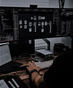 a man sitting at a desk with two computer monitors and a laptop in front of him