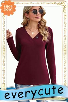 Wine V-neck Button Solid Color Long Sleeve Top Tops Long Sleeve, Top Women, Women Tops, Long Tops, Long Sleeve Top, Long Sleeve Tops, Sleeve Top, Shop Now, Solid Color