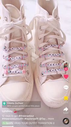 not mine credits to the owner Shoe Lace Accessories, Taylor Swift Diy Shoes, Eras Tour Jewelry Ideas, Eras Tour Shoes Ideas, Eras Tour Sneakers, Taylor Swift Eras Tour Shoes, Eras Tour Shoes Diy, Eras Tour Converse, Diy Eras Tour Outfit Ideas