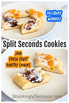 two plates with slices of fruit cookies on them and the words split seconds cookies below