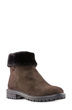 Gear up for all-weather comfort in this cozy-chic waterproof bootie with plush faux-fur lining, a cushy molded footbed and a side-zip closure. Waterproof: protects against rain, puddles and slush to keep feet dry in wet conditions 1 1/2" heel 5 1/4" shaft Removable, cushioned insole with arch support Leather upper/textile faux-fur lining/rubber sole Imported Winter Waterproof Ankle Boots With Suede Lining, Winter Ankle Waterproof Boots With Suede Lining, Brown Winter Boots, Native Shoes, Waterproof Winter Boots, Retro Sneakers, Shoes Heels Pumps, Vegan Shoes, Slipper Boots