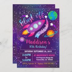 a purple and blue space themed birthday party with the words blast off madison on it