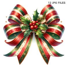 a christmas bow with holly and berries on it's side is featured in this image