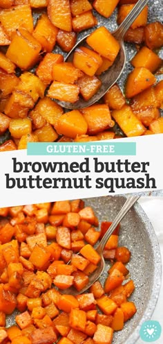 two pictures showing how to cook buttered butternut squash with spoons in them