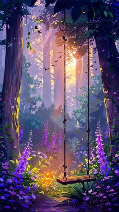 a swing in the middle of a forest filled with purple and yellow flowers at sunset