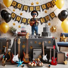 a birthday party with guitars and cupcakes