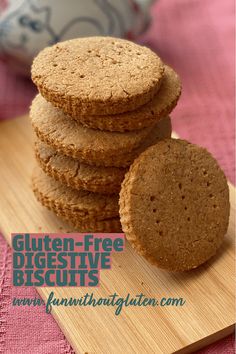 three cookies stacked on top of each other with text overlay that reads gluten - free biscuits