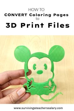 a hand holding up a green mouse shaped paper cutout with text overlay that reads how to convert coloring pages to 3d print files