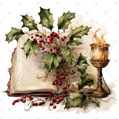 an open book with holly leaves and red berries on it next to a lit candle