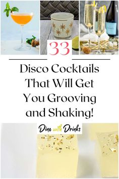 Collage of 4 disco cocktails. Disco Themed Party Drinks, Groovy Party Drinks, Abba Themed Cocktails, Disco Brunch Party, Groovy Drink Ideas, 70s Themed Drinks, Disco Party Drink Ideas, Disco Party Cocktails, Disco Themed Cocktails