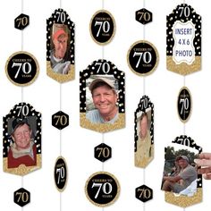 black and gold 70th birthday party photo booth prop decorationating kit with 70 years old man