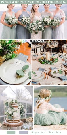 a collage of photos showing different bridesmaid dresses and bouquets, with text that reads perfect green wedding color palettes 2013