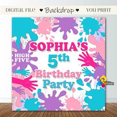 a birthday card with colorful paint splattered on it and the words, sophiia's five fifth birthday party