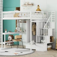 a child's bedroom with a loft bed, desk and bookshelf in it