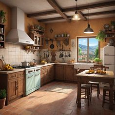 a kitchen with wooden cabinets and tile flooring next to a window overlooking the mountains